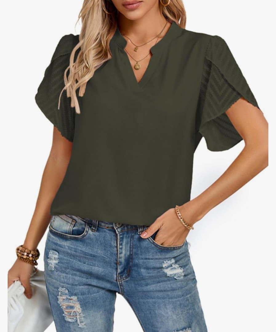 Kate Kasin Womens Dressy Blouses Summer Puff Petal Short Sleeve Shirts V Neck Business Casual Work Tops, Army Green, XXL