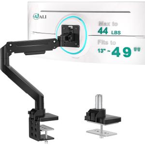 WALI Ultrawide Monitor Arm for 13-49 Inch Heavy Duty Curved Screens, Holds up to 44 Lbs, Adjustable Gas Spring Single Monitor Desk Mount with C-Clamp, Grommet Base, 75/100mm VESA, (GSM001XL), Black