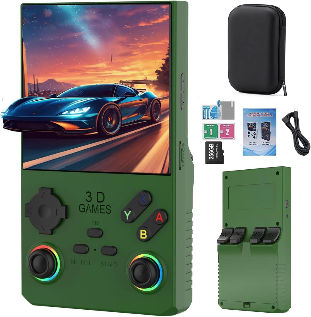 RegiisJoy 2025 New Upgraded V40 Max Handheld Game Console, 40000 Games 4 inch IPS Screen Retro Gaming Console, 256G 4000mAh Portable Mini Pocket Handheld Emulator Gift for Adults (Army Green)