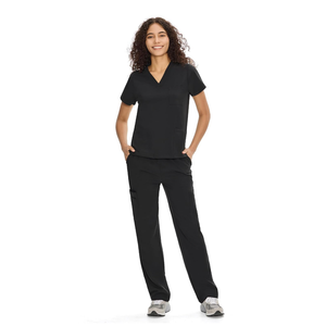 COZYFIT Scrubs for Women Set Medical Uniform - V-Neck Top & Straight Leg Pants with 9 Pockets, Unisex Workwear, 2XL, Black