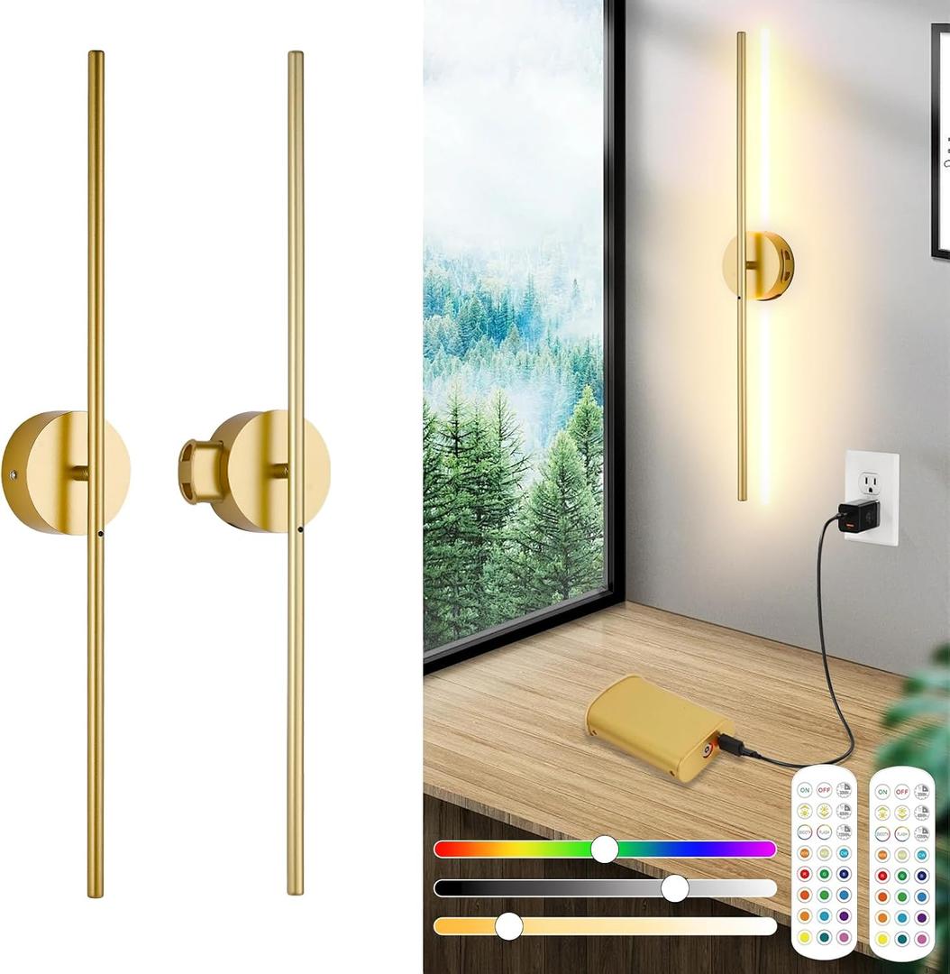 8000mah Detachable Battery Operated Wall Sconces Set of two, 32 Inch Rechargeable Wall Sconce With Remote & Touch, RGB 15 Colors Dimmable Wireless lamp for Bedroom, Living Room, Hallway Decor, Gold