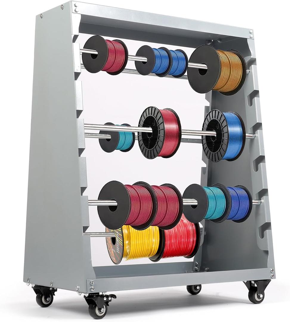 Wire Spool Rack,Electrical Wire Assortment with Wheel,Automotive Wiring Storage,Heavy Duty 6 Rods Wire/Cable Dispenser for Electrical Industrial & Retail Use,300lbs Capacity,Gray