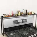 Over the Stove Shelf, 31.5" Stove Top Shelf Spice Rack, Kitchen Countertop Organizer with 6 Hooks, Seasoning Organizer, Black