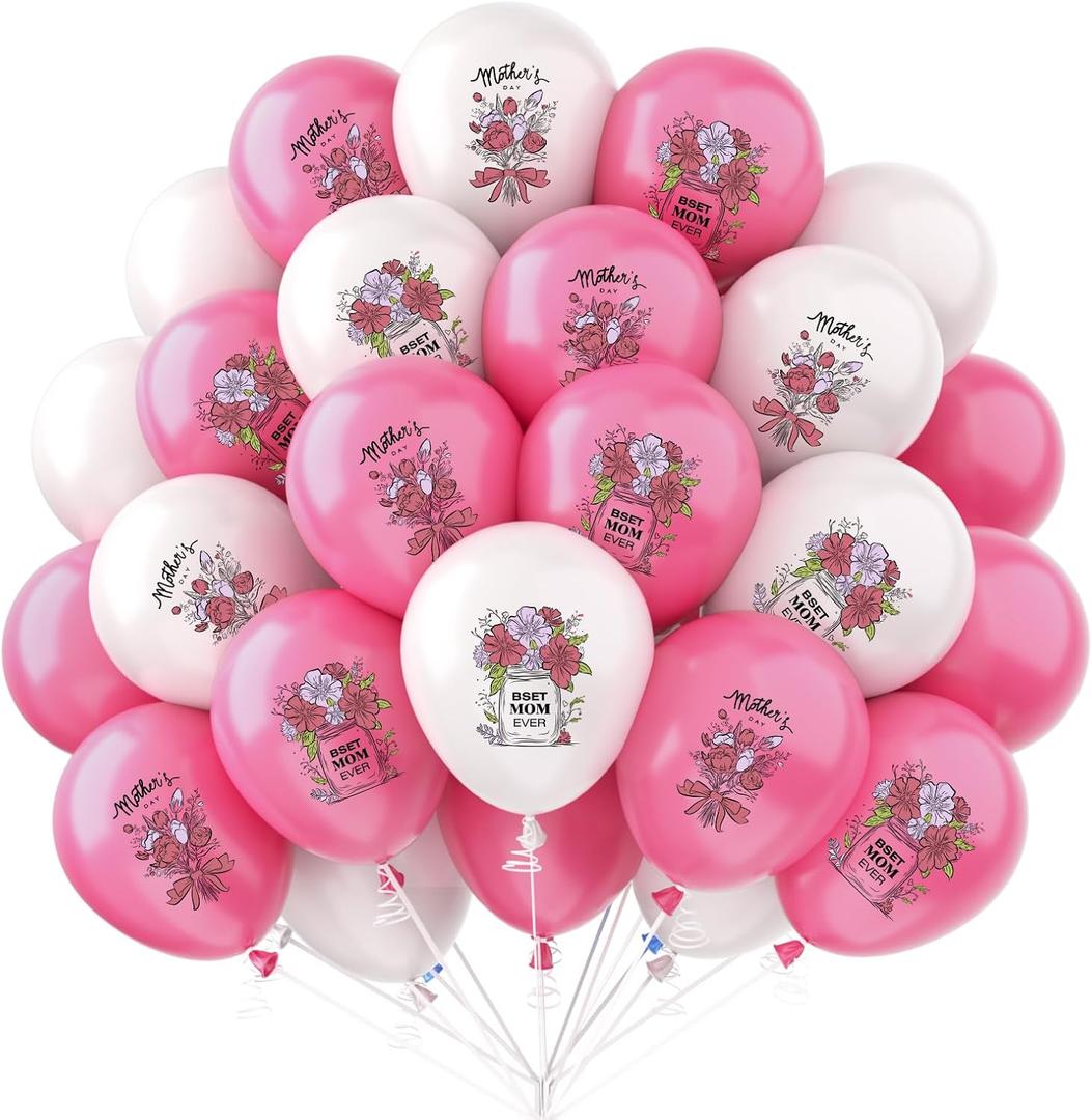 Mother's Day Balloons, 40 Pcs 12 Inch Pink White Latex Balloons with Romantic Bouquet Pattern, Perfect Mother's Day Themed Party Supplies, Ideal Decorations for Anniversary & Birthday Parties
