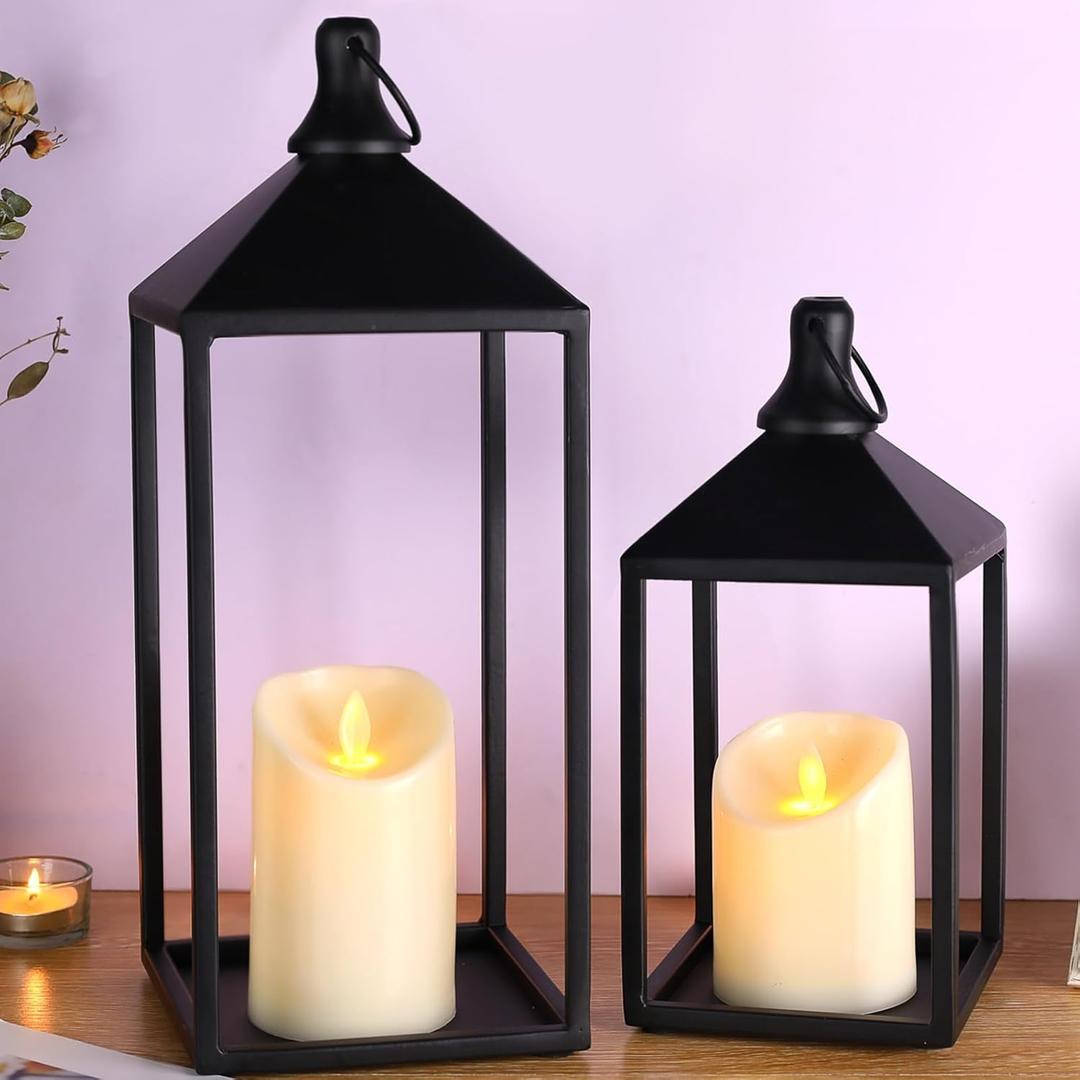 2pcs Farmhouse Lantern Decor with LED Flickering Flameless Candles - Black Metal Lanterns Decorative for Home Decor, Fireplace Mantle or Table Centerpiece, Halloween Christmas Lantern Decor (15 and 11in)