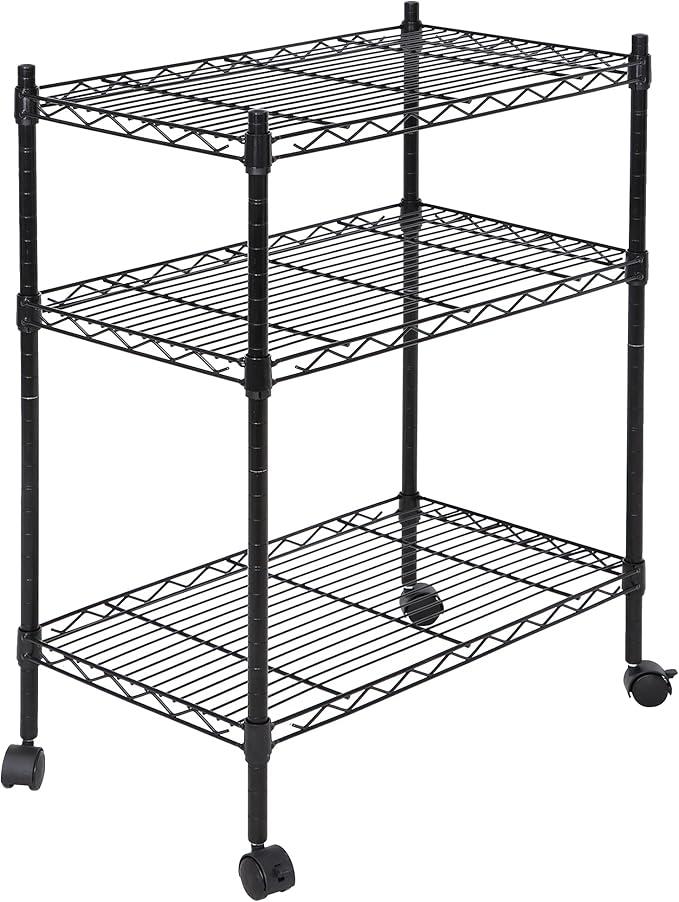 SUPER DEAL 3-Shelf Adjustable Heavy Duty Storage Wire Shelving Unit with Wheels, Metal Organizer Wire Rack Microwave Utility Cart, Black (24L x 14W x 31H)