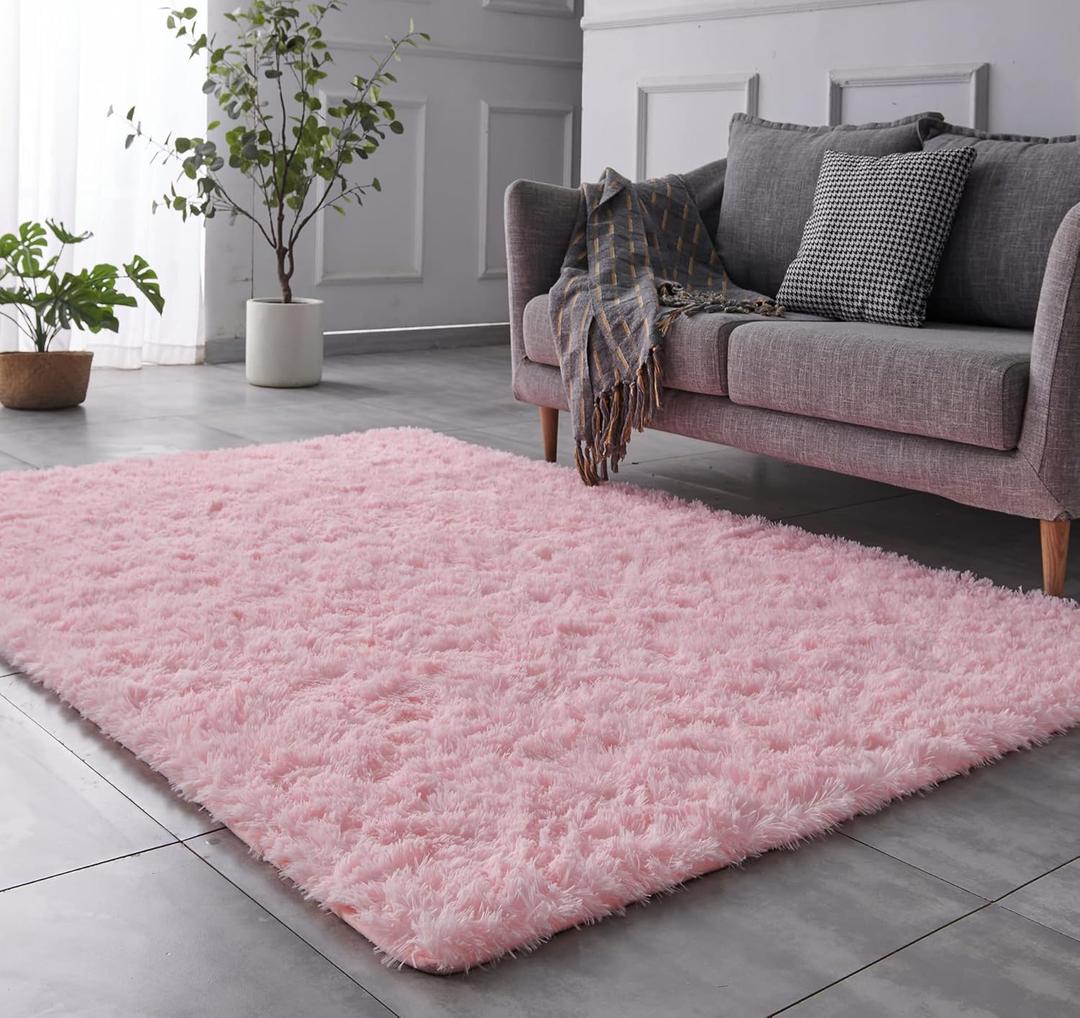 Luxury Shag Area Rug, 3x5 Feet Pink Rectangle Plush Fuzzy Rugs, Non-Slip Shaggy Furry Carpets for Kids Room Bedroom