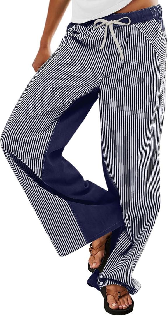 Low Rise Striped Pants for Women Pull On Drawstring Boho Wide Leg Jeans Trendy 2025 (Large, Darkblue) Low Rise Striped Pants for Women Pull On Drawstring Boho Wide Leg Jeans Trendy 2025 (Large, Darkblue)
