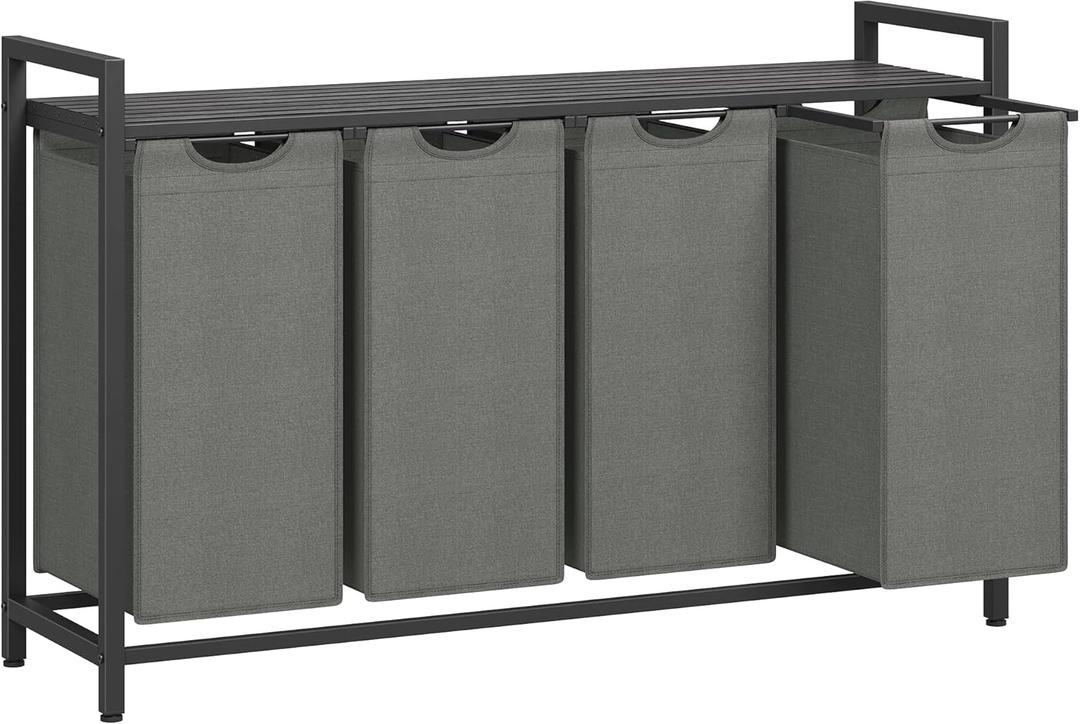 VASAGLE Laundry Hamper, Laundry Basket, Laundry Sorter with 4 Pull-Out and Removable Bags, Shelf, Metal Frame, 4 x 10.6 Gallons (40 L), 45.7 x 13 x 28.4 Inches, Slate Gray and Charcoal Gray UBLH401G01, 4 Bags - 160 L