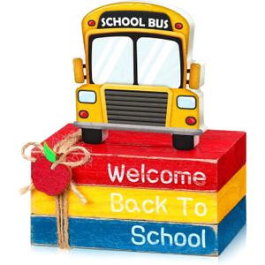 4 Pcs Back to School Table Decorations First Day of School Tiered Tray Decorations Decorative Mini Wooden Books Subject Signs for Office Shelf Classroom Tabletop Bookshelf(Bus)