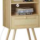 SUPERJARE Nightstand with Charging Station & Rattan-Like Decor Drawer, Rattan End Table with Solid Wood Feet, Bed Side Table with Open Storage, for Bedroom, Living Room, Dormitory - Natural (11.8"D x 15.9"W x 23.4"H (1 Drawers))