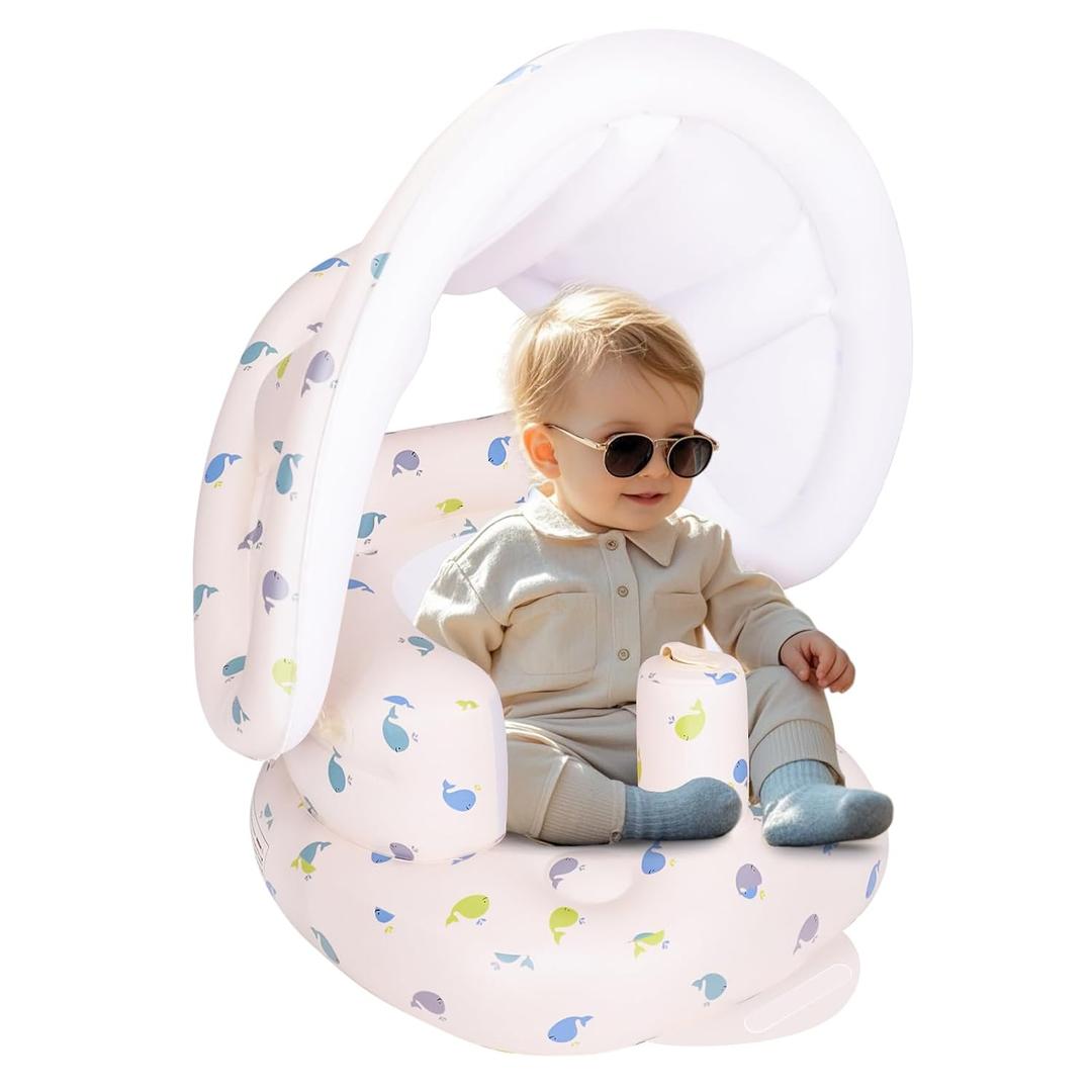 Inflatable Baby Seat with Detachable Canopy and Built-in Pump, Inflatable Baby Chair for Babies 3 Months and Up, Sit Me Up Chair for Outdoor Indoor, Bumbo Seat for Infants, Whale