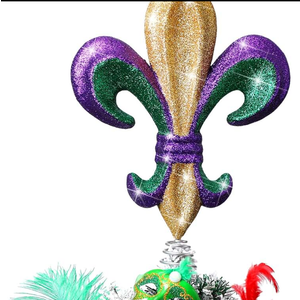 Soulchen 14“ Mardi Gras Tree Topper Fleur-de-lis Tree Topper Purple Green Gold Glitter Ornament for CAarnival Holiday Party Home Wedding Decoration