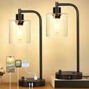 Industrial Table Lamp with USB C+A Ports and Outlet, Fully Stepless Dimmable Bedside Lamps for Bedrooms, Nightstand Desk Lamp with Glass Shade for Reading Living Room Office (Bulb Included) 1 Pack