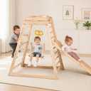 Indoor Jungle Gym, Wooden Indoor Playground, (7 in 1) Toddler Climbing Toys, Gym with Slide, Climbing Net, Swing, Gymnastics Ring
