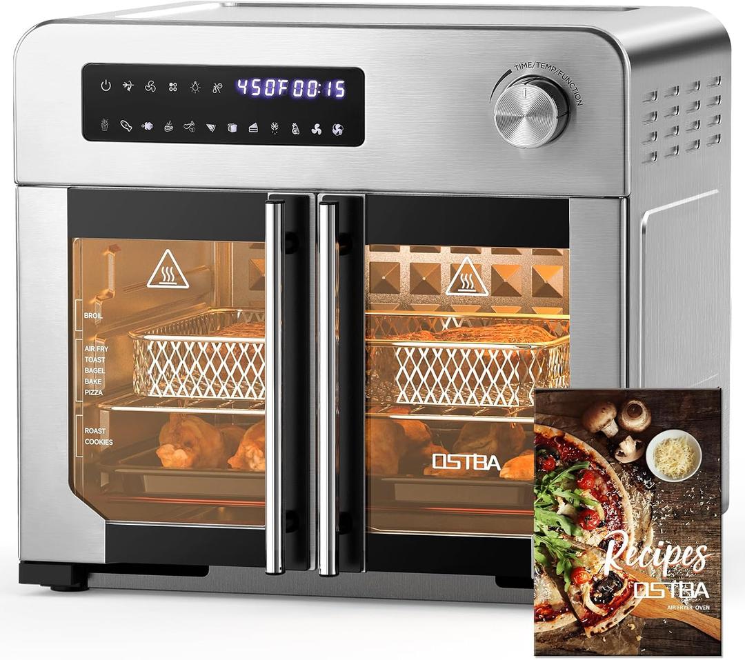 OSTBA French Door Air Fryer Toaster Oven Combo, 102 Recipes & 7 Accessories Extra Large Airfryer Convection Oven Countertop 10-in-1, 30% Faster 90% Less Oil, Stainless Steel, 24 QT
