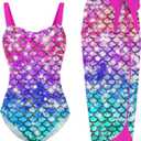 UNIFACO Girls One Piece Swimsuit with Cover Up Skirt 2 Piece Bathing Suit Swimwear Sets (10 Years, A-pink Mermaid)
