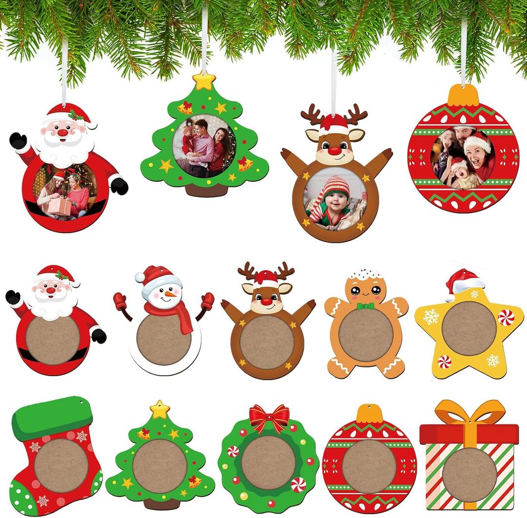 COCHIE Christmas Picture Frame Ornament for Christmas Tree Stocking Decorations, 10PCS Bulk Wood Photo Hanging Ornaments Holiday Xmas Gift (Christmas)