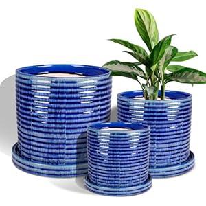 Ceramic Plant Pots, 3 Pack 6+8+10 Inch Indoor/Outdoor Planters with Drainage Hole, Mesh Pad & Saucer Unique Handcrafted Crackle Glaze Ceramic Flower Pots for Home Garden & Indoor Flower Pot Decor-Blue