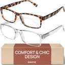 Gaoye +2.25 2-Pack of Reading Glasses - Blue-Light Filter, UV Protection - Readers with Rectangle Frames (Bright Leopard + Clear)