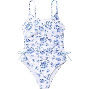 Milumia Girl's Floral One Piece Swimwear Bow Tie Side Spaghetti Strap Swimsuits (12 Years, Blue and White)