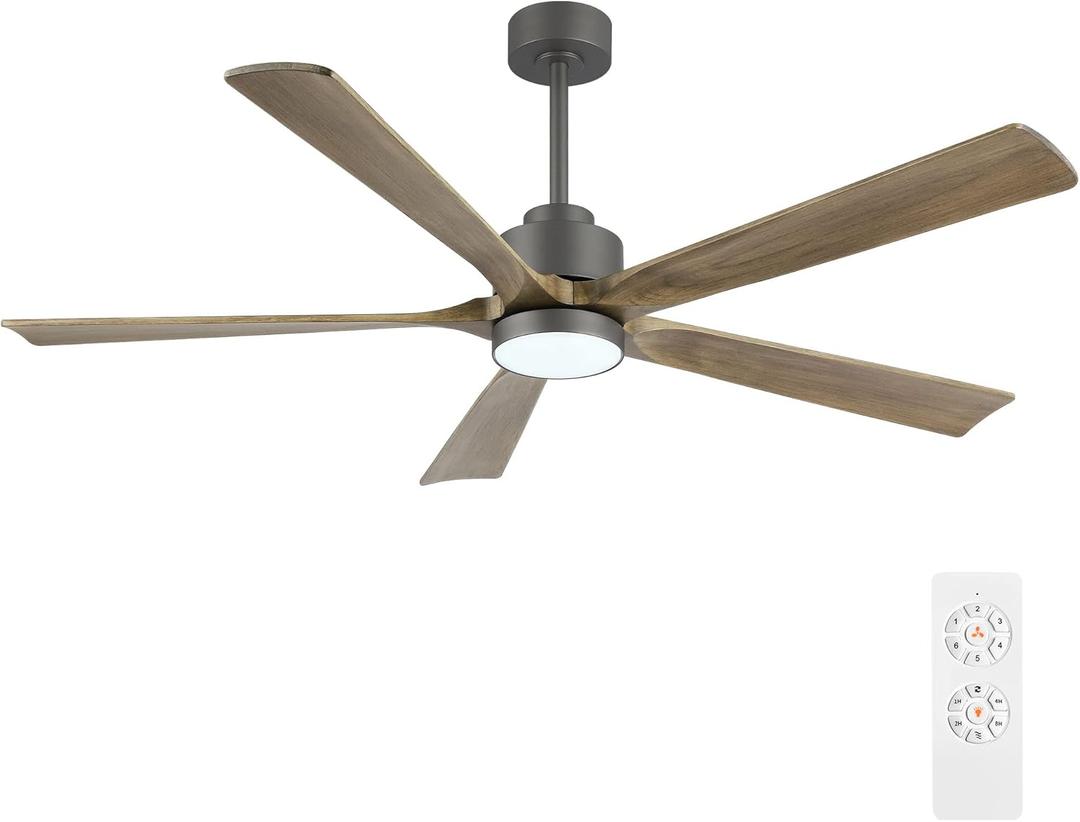52" Modern Ceiling Fan with Light and Remote Control, 5 Solid Wood Blades 6-Speed Noiseless Reversible DC Motor, Ceiling Fan for Kitchen Dinning Living Room, Charcoal Finish with Wood Blades