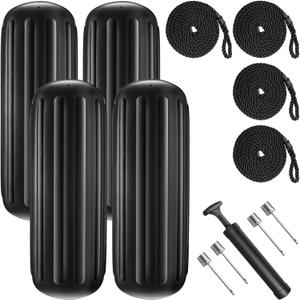 Boat Fenders 4 Pack 10 x 28 Inches Ribbed Center Hole Boat Fenders Bumpers for Docking, Comes with 4 Lines and Pump to Inflate (Black)