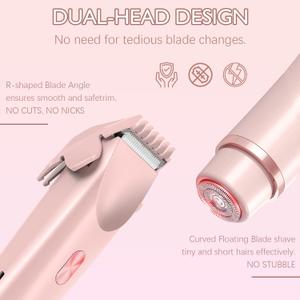Bikini Trimmer for Women 2 in 1, Dual Head Womens Electric Shaver, Electric Razors for Pubic Hair, IPX7 Waterproof Rechargeable Facial Hair Removal for Shaving Underarm Leg Arm Body Face, Rose Gold