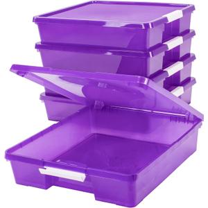 Storex Classroom Craft Project Box – Stacking Plastic Organizer Fits 12x12 Scrapbooking Paper, Purple, 5-Pack (63206U05C)