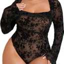 WDIRARA Women's Plus Size Floral Long Bell Sleeve Bodysuit Square Neck Mesh Body Suit (Medium, Black)