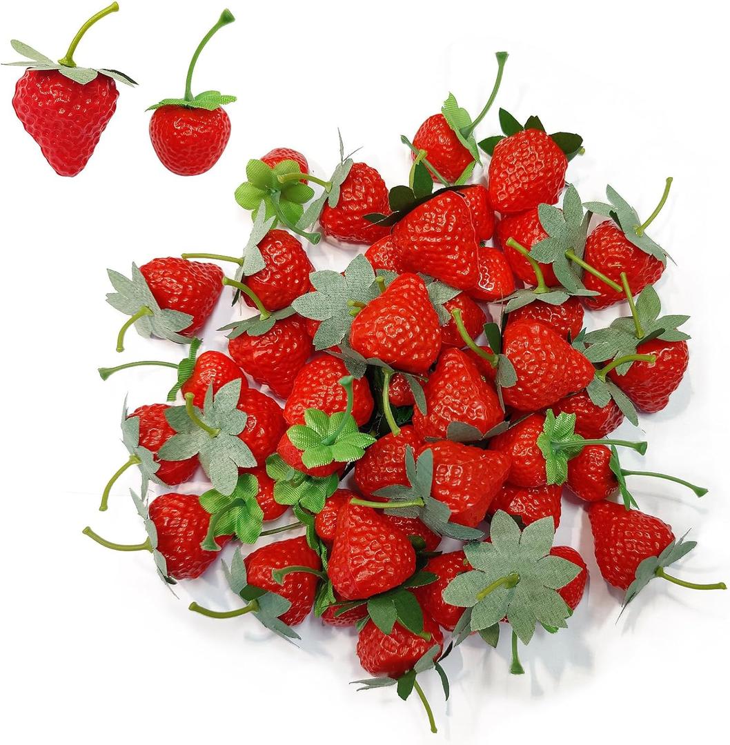 60PCS Fake Strawberries Fake Fruit Artificial Strawberry Kitchen Dcor Plastic Strawberry Party Decorations Realistic Fake Food Lifelike for Display Photography Props