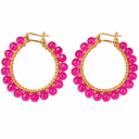 Bohemian Hot Pink Beaded Hoop Earrings with Gold-Tone Accents