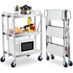 Garvee Heavy Duty Folding Utility Cart, Stainless Steel Collapsible Service Cart 133 LBS Large Loading per Shelf, Sturdy 3-Tier Rolling Cart with Wheels Lockable for Restaurant Garage Office Outdoor