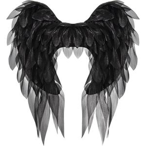 Anbaby Chiffon Angel Wings Costume Accessory Black or White Feathered Wings Halloween and Cosplay Props (Black)