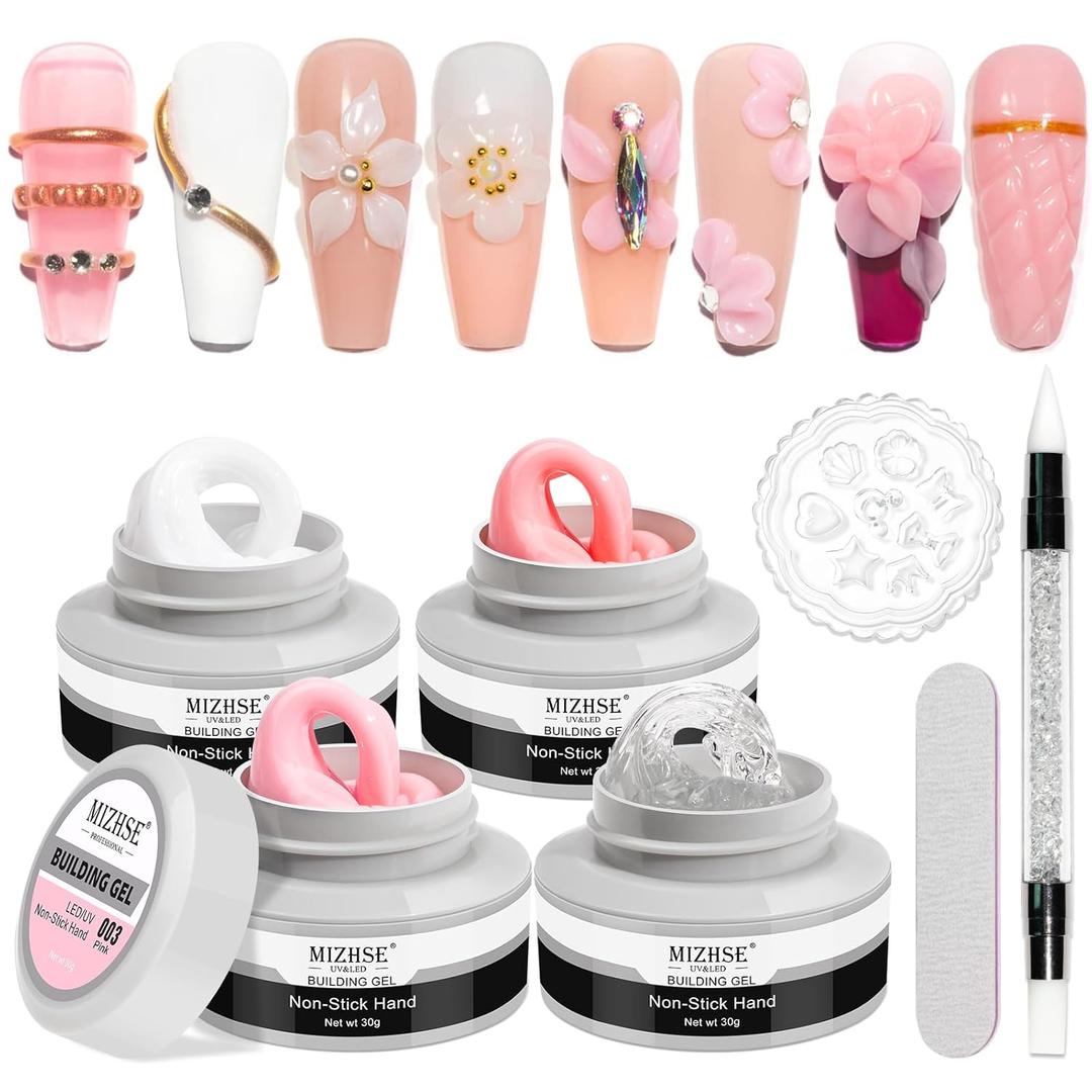 MIZHSE 3D Nail Gel Nail Art Sculpture, Non-Sticky 4 Colors Solid Builder Gel Nude Clear White Pink Hard Builder Nails UV LED Molding Gels Nail Extension for Salon Manicure Home DIY (0-0-Classic Colors)