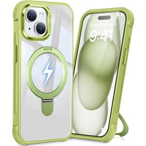 Magnetic Ring Stand Case for iPhone 15, 16FT Military-Grade Protection Shockproof, Non-Slip, Anti Scratch, Textured Grip & Clear Back for Hands-Free Video Calls (Clear Green)