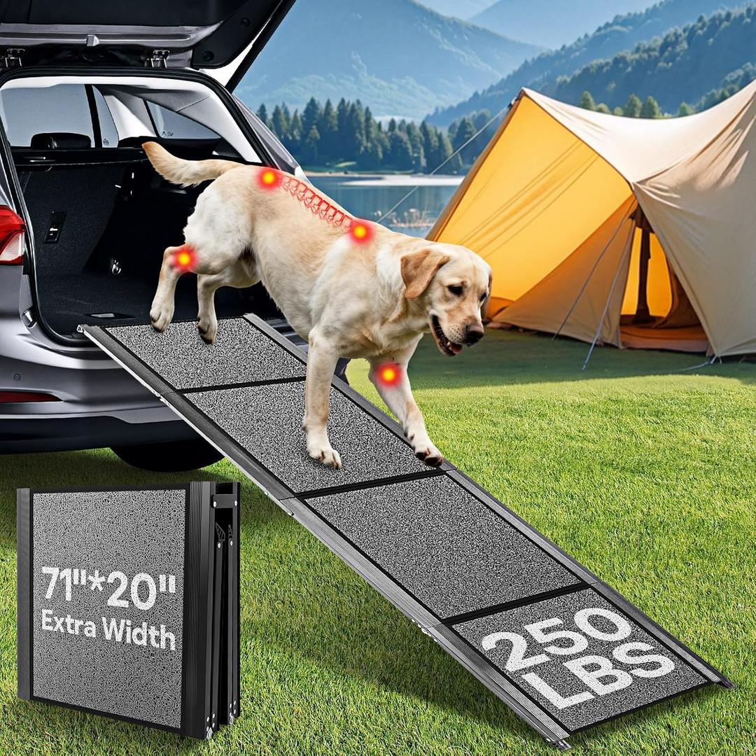 𝟕𝟏'' & 𝟐𝟎" Wide Dog Ramp for Large Dogs, Holds 250LBS & Gentle Slope for Joint Care - Dog Car Ramp with Upgrade Non-Slip Surface - Portable Folding Pet Ramps for Senior Pets Enter into SUV, Truck