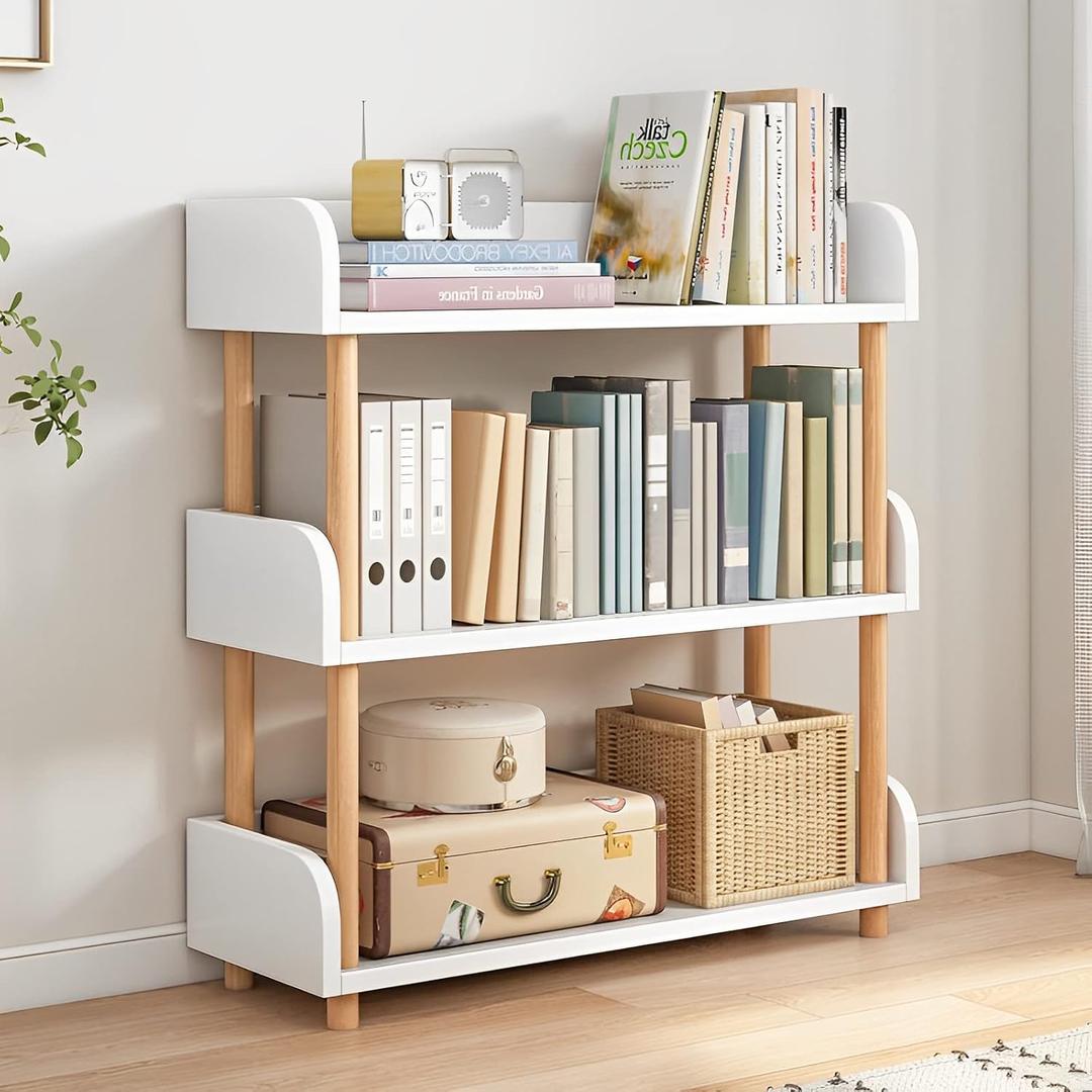 OSCHF 3-Tier Wooden Open Bookcase - Modern Display Bookshelf with Top Edge and Solid Wood Frame for Home and Office, Storage Cabinet, Warm White, 9.45 x 31.5 x 29.53 inches