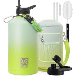 1 Gallon Insulated Water Bottle | Upgraded Thickened Stainless Steel Metal Portable Sports Large Water Jug for Gym and Hiking with Carrier Bag, Handle Strap | BPA-Free 128 Oz (Gradient Green)