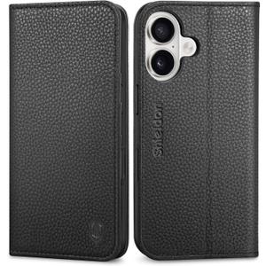 SHIELDON Case for iPhone 16 6.1" 2024, Genuine Leather Wallet Magnetic Cover RFID Blocking Card Slot Kickstand Shock-Absorbent TPU Phone Holder Case Compatible with iPhone 16 5G - Pebbled Black
