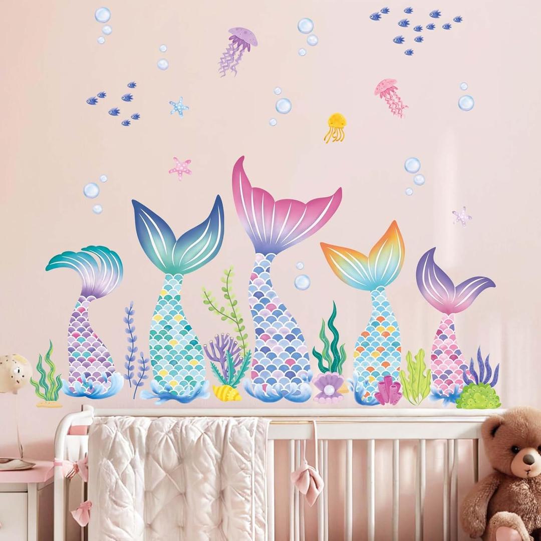 Baby Girls Mermaid Tail Wall Stickers - Under The Sea Marine Theme Wall Decals - Nursery Kids Room Daycare Bedroom Bathroom Wall Decor