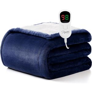 Homemate Electric Heated Blanket Twin - 62"x84" Heating Blanket Twin Size Dual Control 1/2/4/6/8 Hours Auto-Off 10 Heat Level Heat Blanket Over-Heat Protection Flannel Sherpa ETL Certification (Navy Blue)