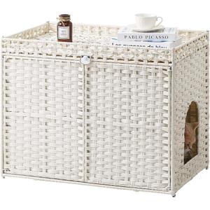 Cat Litter Box Enclosure Furniture, Handwoven Rattan Hidden Litter Box with Mat, Large Space Cat House with 2 S-Shaped Hooks 30.3 x 18.3 x 24.4 Inches, Indoor for Living Room Apartment White