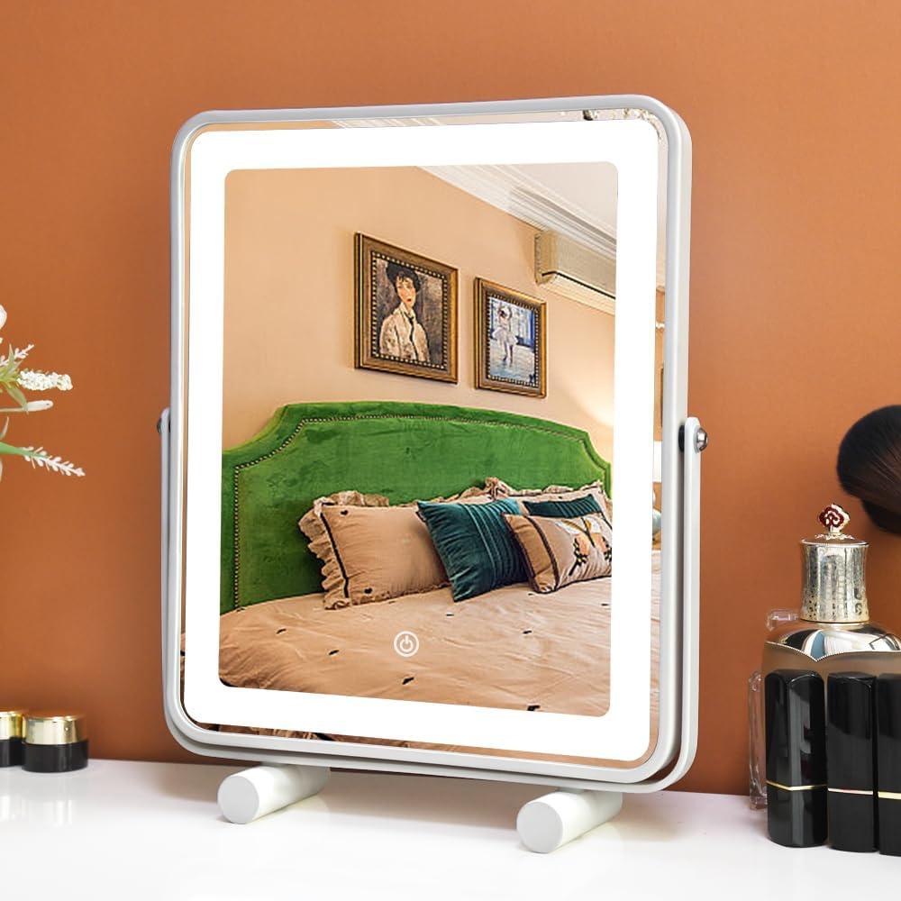 Makeup Vanity Mirror with Lights,13" Large Hollywood LED Lighted Make up Mirror for Bedroom Tabletop,Three Color Lighting Modes,Smart Touch Control, 360Rotation (White)
