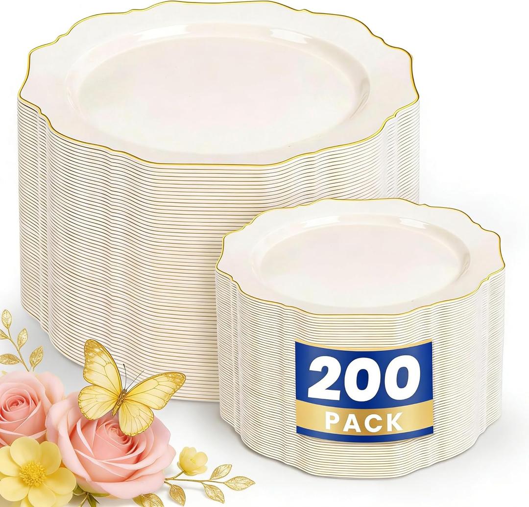 WDF 200PCS Ivory Plastic Plates with Gold Rim - Cream Plastic Plates - Include 100 Dinner & 100 Dessert Fancy Disposable Plate for Party - Heavy Duty Plate for Wedding/Baby Shower/Spring/Mother's Day