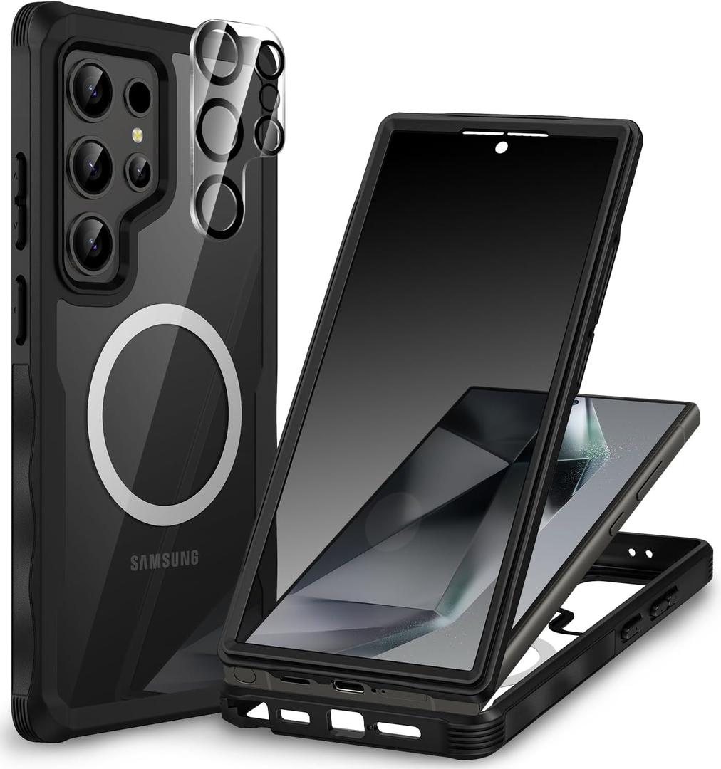 CENHUFO Magnetic Privacy for Samsung Galaxy S24 Ultra Case, Full Body Phone Case with Built-in Privacy Screen Protector and Camera Lens Cover, Anti Peep Shockproof Protective Clear Bumper - Black