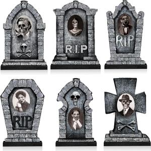 6 Pcs Halloween Graveyard Tombstones Centerpieces with 6 Pcs Scary 3D Changing Face Moving Picture Frame, Rip Gravestone Wooden Table Decoration Halloween Party Home Accessories(Dread)