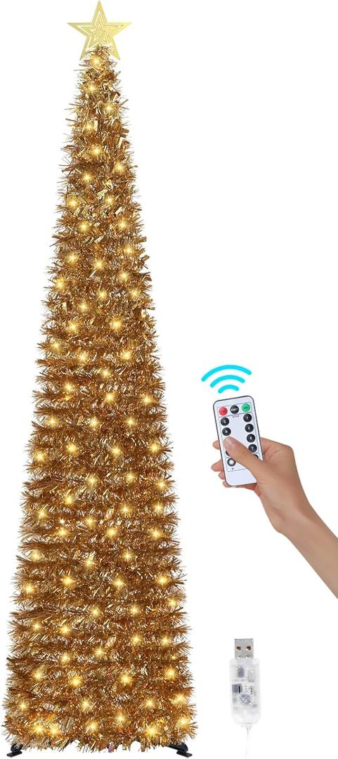 6 FT Pop Up Christmas Tree with 100 LED Timer Lights & Remote, Gold Collapsible Christmas Tinsel Tree Artificial Pencil Tree Xmas Decoration for Holiday Home Office Party, USB Powered