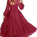 MITILLY Girls Boho Long Sleeve Backless Lace Flower Square Neck Tiered Ruffle Swing Party Maxi Dress (8-9 Years, 07 Wine Red)