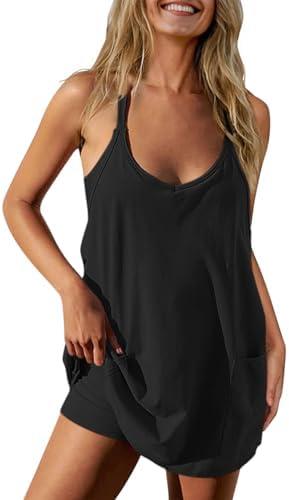 TARSE Athletic Dress for Women Casual Sleeveless Spaghetti Strap Sundress Workout Short Tennis Dress with Pockets M/L